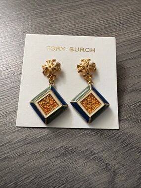 Tory Burch Gold, Blue & Green Square Drop Earrings